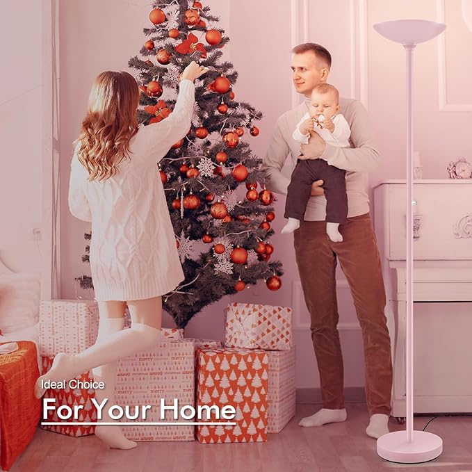 30W Pink Torchiere Floor Lamp, 3600LM Super Bright LED Pole Lamp, 71Inch Tall Stepless Dimmable Torch Lamp, 1Inch Thick Metal Tube, Rotary Switch, Modern Standing Lamp for Living Room/Bedroom/Office - Aura Lighting