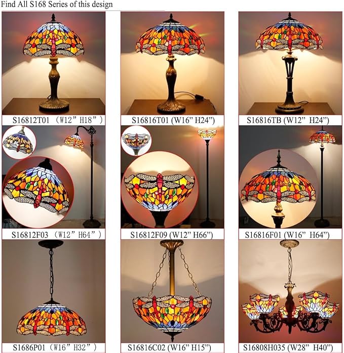 WERFACTORY Tiffany Floor Lamp Orange Blue Stained Glass Dragonfly Light 12X12X71 Inches Torchiere Standing Corner Torch Uplight Decor Bedroom Living Room Home Office S168 Series