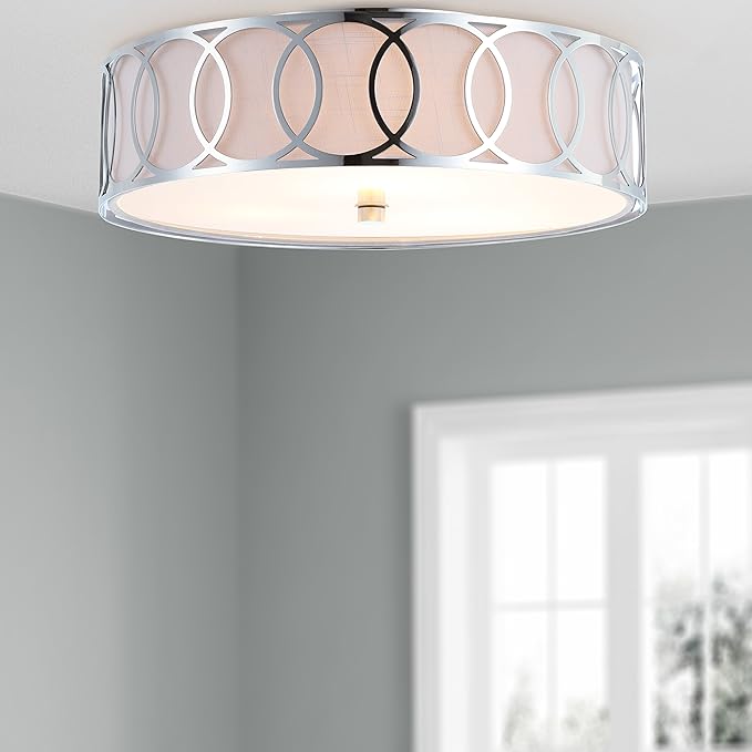 JONATHAN Y 12.25" Chrome Modern Metal LED Flush Mount Ceiling Light for Bedroom Hallway, White Linen Drum Shade with Geometric Fretwork, LED Bulbs Included (JYL3503B)