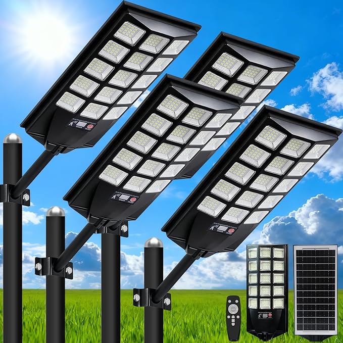 Jercoda Solar Street Lights Outdoor, 6500K 50000LM LED Flood Light Motion Sensor Dusk to Dawn Security Lights with Remote Control, Waterproof Solar Powered Lighting for Garden Yard Parking Lot, 4 Pack