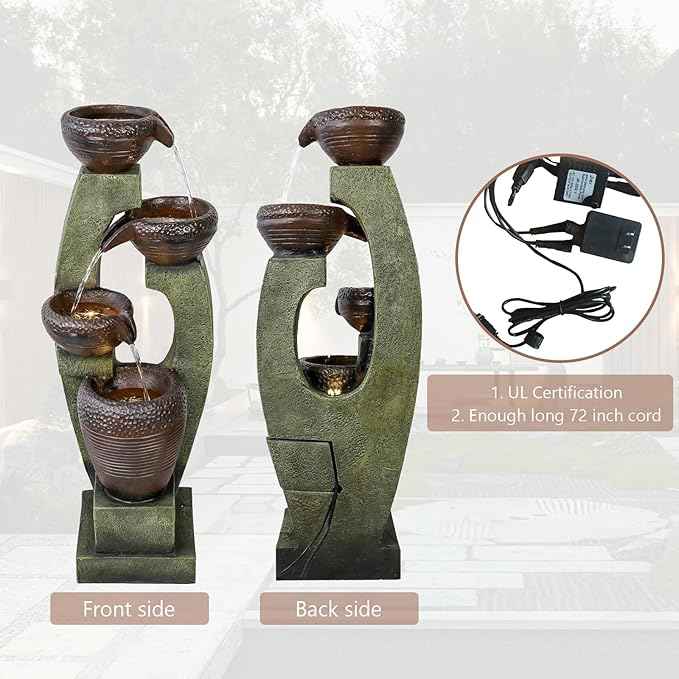 Naturefalls 40" Tall Outdoor Water Fountain and Waterfalls - Large Garden Fountain with LED Lights, 4-Tier Crocks, Indoor and Outdoor Fountains for Garden, Patio, Deck, Porch, Backyard and Home, Gray