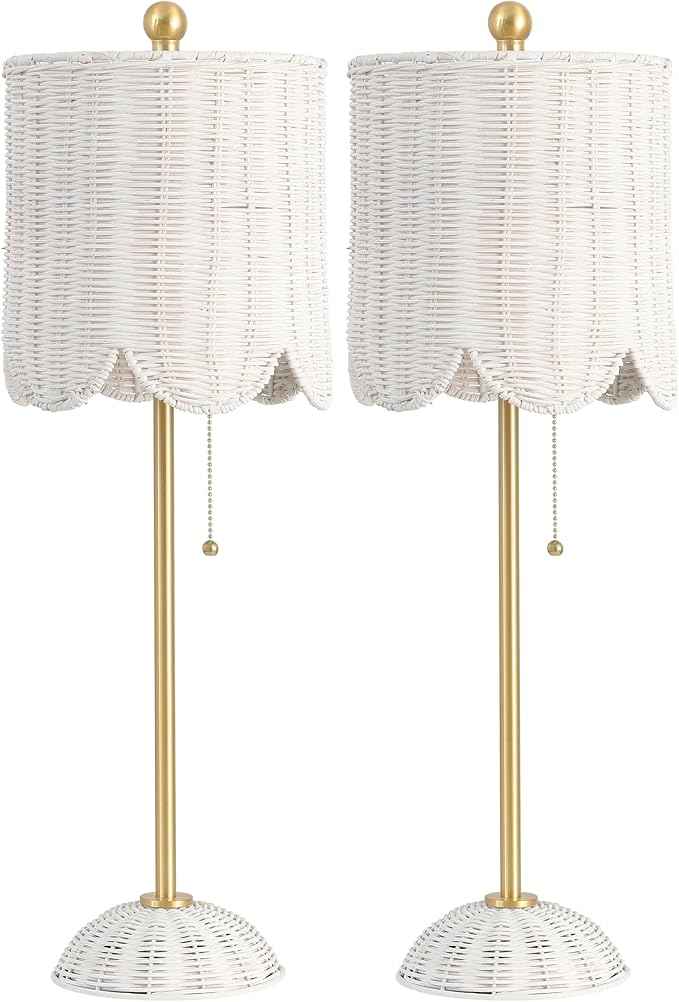 JONATHAN Y 27.5" White/Brass Gold Coastal Buffet Table Lamp Set of 2 for Bedroom, Boho Table Lamps with Natural Rattan Scalloped Shade, Pull Chain, LED Bulbs Included (JYL1138B-SET2)