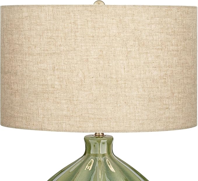 360 Lighting Gordy Modern Accent Table Lamp Handcrafted 20.5" High Ribbed Green Ceramic Oatmeal Fabric Drum Shade Decor for Living Room Bedroom House Bedside Nightstand Home (Color May Vary) - Aura Lighting