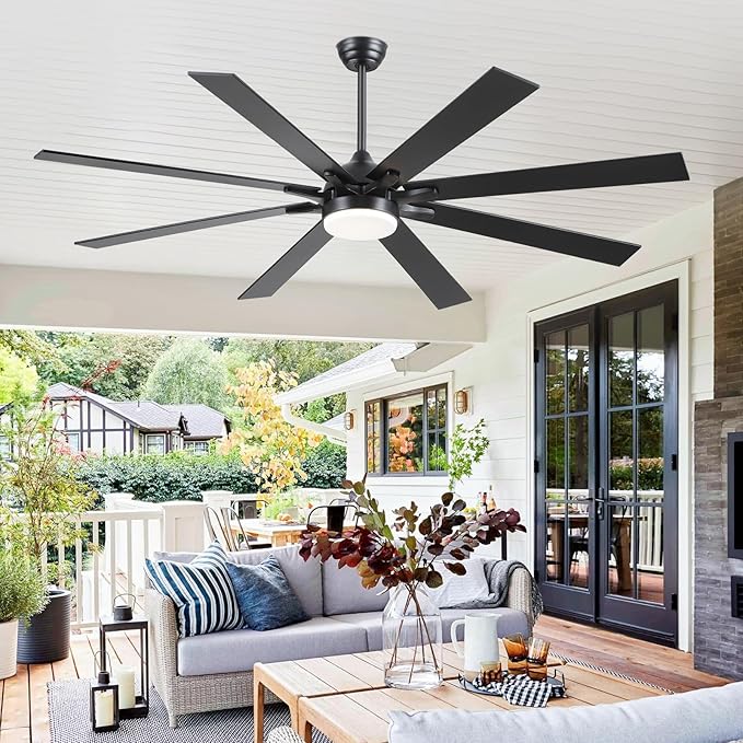 72 Inch Large Ceiling Fans with Lights and Remote, Indoor/Outdoor Black Modern Industrial Ceiling Fan with light for Living Room Patios Porch, Reversible Quiet Motor, 8 Dual Finish Blades
