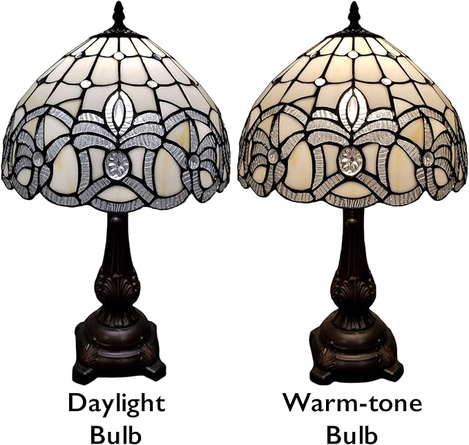 Tiffany Style Table Lamp Banker 19" Tall Stained Glass White Mahogany Elegant Floral Vintage Antique Light Décor Living Room Nightstand Bedroom Handmade Gift AM281TL12B Amora Lighting