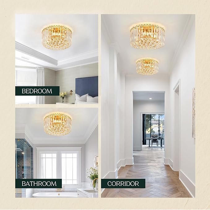 12.6" Gold K9 Crystal Raindrop Flush Mount Ceiling Light, Modern Chandelier, Round Luxury Light Fixture for Dining Room, Bedroom, Hallway, Kitchen Island & Living Room - Aura Lighting