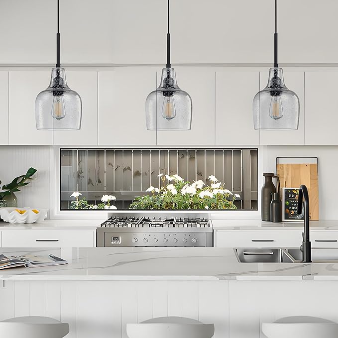 2 Pack 1 Light Indoor Hanging Kitchen Island Pendant Ceiling Light 6.1" Clear Seeded Glass Fixture,Black Finish for Farmhouse Over Sink Bedroom Hallway