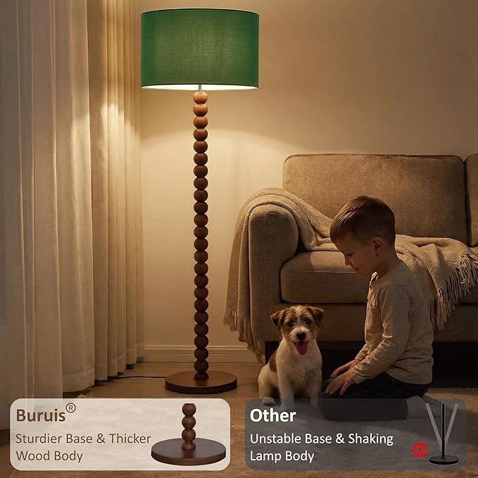 Buruis 61" Beaded Wood Floor Lamp with 17.2" Large Linen Shade, UL Listed, Retro Mid-Century Accent Walnut Finish Standing Lamp for Living Room, Bedroom, Office, Corner, Bulb Not Included, Green