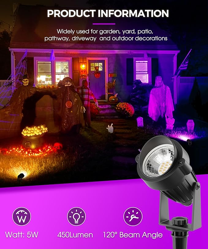 L LOHAS LED Christmas Spotlight Outdoor, Purple Halloween Spot Lights for Yard, Auto On/Off 5W 120V Landscape Lighting for House, Holiday, Trees, Decoration, 450LM IP66 Waterproof, UL Listed, 2 Pack - Aura Lighting