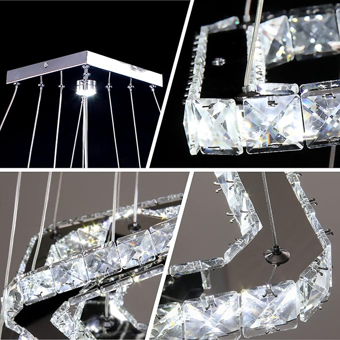 Modern Crystal Chandelier LED Ceiling Light, Square 3-Ring Design, Ultra-Bright 47W Cool White 6000K, Height Adjustable K9 Crystal Pendant Lighting for Dining Room, Living Room, Bedroom, Foyer