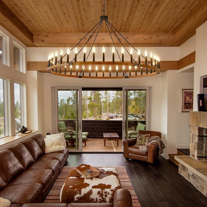 60-Inch Rustic Wooden Chandelier, 42-Light Extra Large Round Chandeliers for High Ceilings, Farmhouse Chandelier for Foyer Living Room Bedroom Entryway, E12
