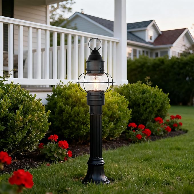 Kalium Outdoor Post Light Hard Wired, Matte Black Lamp Post Light Fixture with Seeded Glass,19" Waterproof Outside Column Lantern for Yard Driveway Patio Garden Walkway Landscape E26 Base Max 60