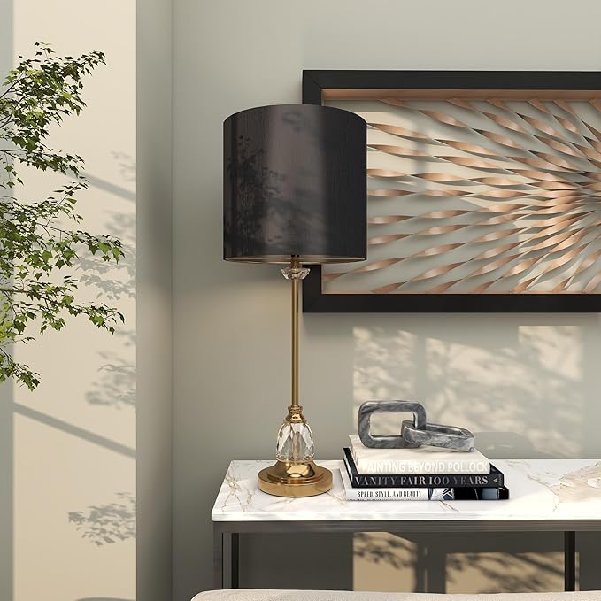 Deco 79 Metal Room Buffet Lamp Table Lamp with Black Shade and Crystal Accent, Lamp 12" x 12" x 31", Gold