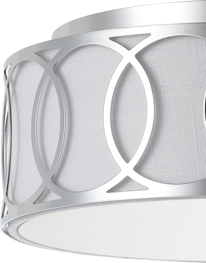 JONATHAN Y 12.25" Chrome Modern Metal LED Flush Mount Ceiling Light for Bedroom Hallway, White Linen Drum Shade with Geometric Fretwork, LED Bulbs Included (JYL3502B)