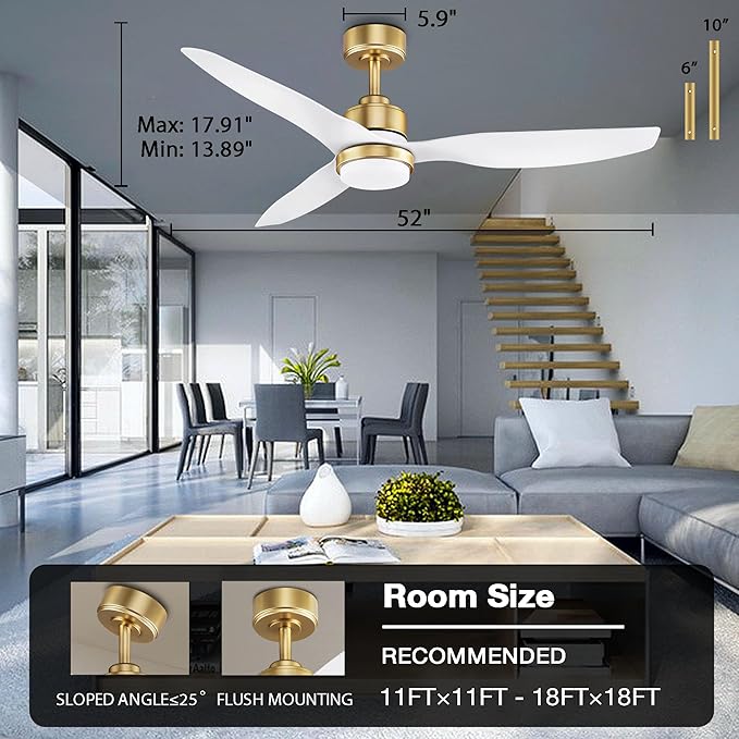 52 Inch Smart Ceiling Fans with Lights and Remote,Dimmable LED Light,Outdoor Indoor Gold White Ceiling Fan,Quiet DC Motor,High CFM 6 Speed,WIFI Alexa App Workable,for Bedroom Living Room Patio - Aura Lighting