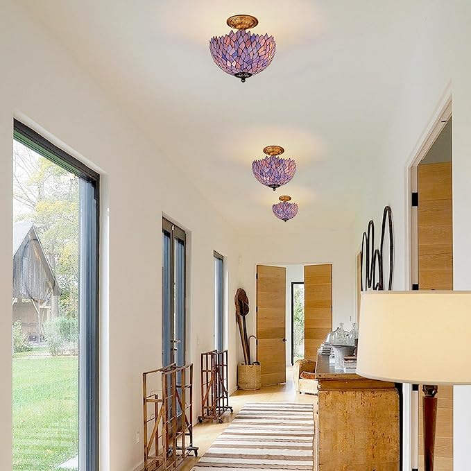 Wisteria Style Tiffany Ceiling Light Fixture Stained Glass Semi Flush Mount Lamp Wide 12 Inch Height 11 Inch Vintage Inspired Lighting Statement for Bedroom Hallway Entryway (Deep Blue)