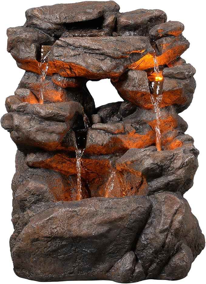Outdoor Waterfall Fountain 20.5" Tiered with LED Lights, Natural Rock Design, Weatherproof Resin – Waterfall Fountain for Garden, Patio, Yard 24393
