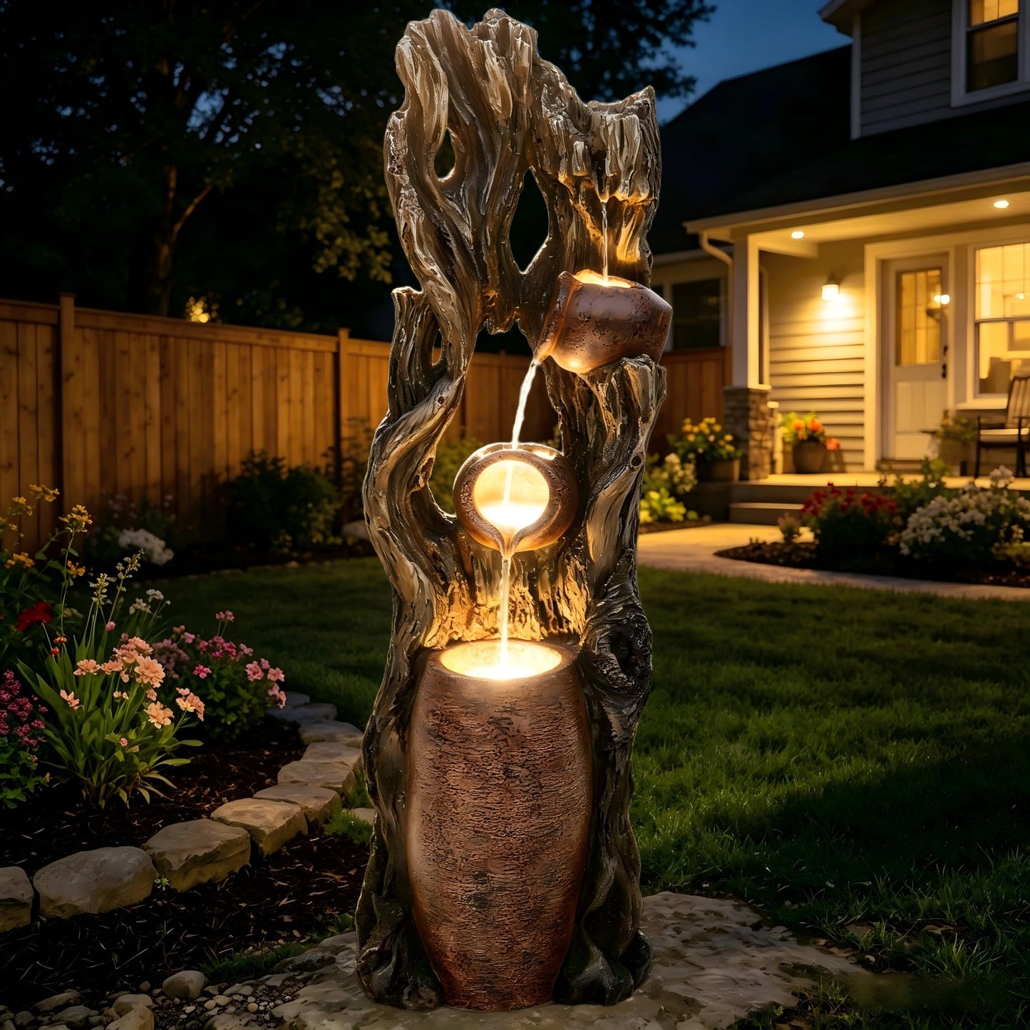 42.7" 3 Tier Outdoor Water Fountain LED Tree Trunk Jar Waterfall
