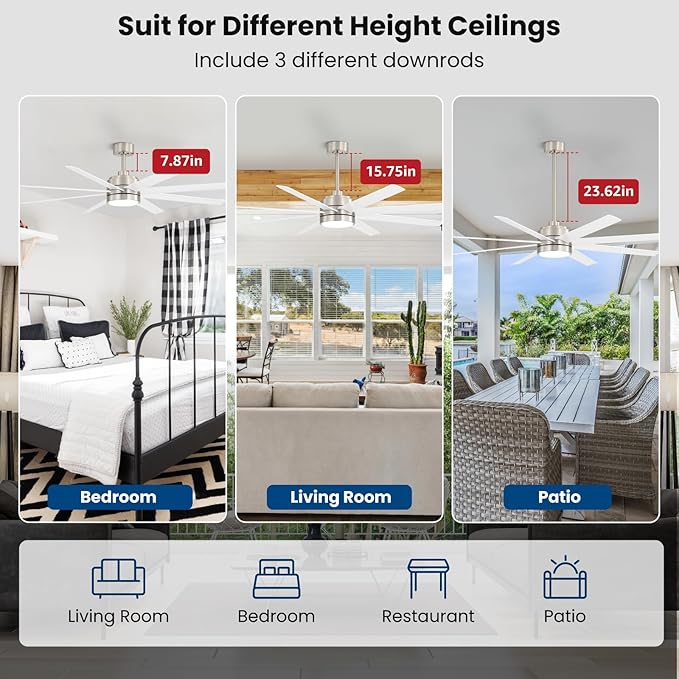 65 Inch Ceiling Fans with Lights and Remote for Bedroom Living Room Kitchen Office, Indoor/Outdoor Use, 3CCT Dimmable, 8 Blades 6 Speed Reversible Quiet DC Motor, Sand-nickel/White
