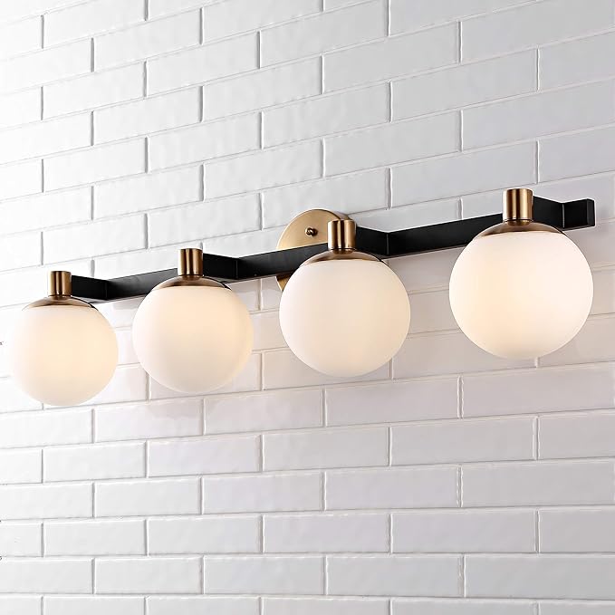 JONATHAN Y 5.75" Brass Gold/Black Modern Globe LED Vanity Wall Sconce Light, White Frosted Glass Shade, Mid-Century Art Deco Wall Lamp for Bathroom, Kitchen, Hallway (JYL3543A)