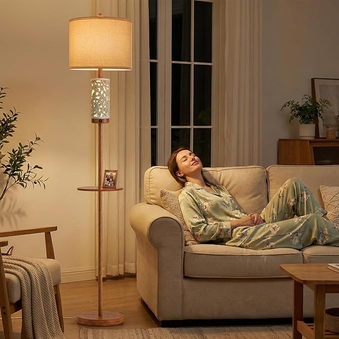OYEARS Dimmable Farmhouse Floor Lamp for Living Room, 2-in-1 Rustic Floor Lamp with Main&Night Light,Linen Shade&Dual Switches, 65" Standing Lamp for Bedroom Office Corner Dining Room, Wood Pole Lamp