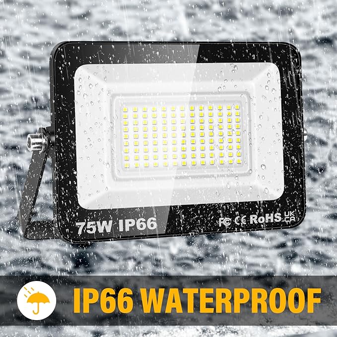 Willpower 2 Pieces 75W LED Flood Lights,68000lm Outdoor Security Lights,IP66 Waterproof Outside Lamp 6000K White Spot Light 110V Exterior Lighting for Yard Backyard House Court Stadium Parking