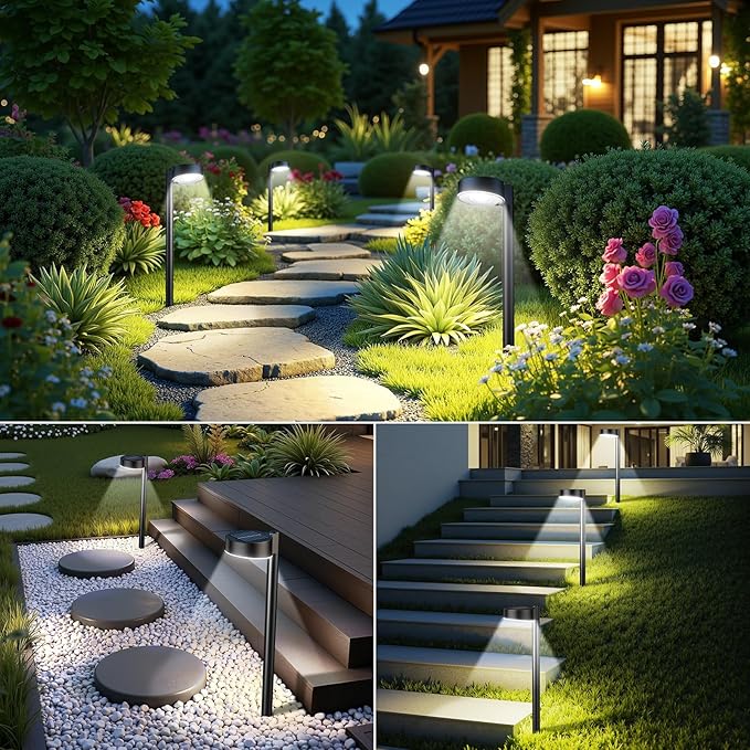 12 Pack Solar Pathway Lights Outdoor, 12 Brighter LED Solar Lights Outdoor Waterproof, Up to 12 Hrs Modern Path Light for Yard Garden Walkway Driveway Lawn, Cool White - Aura Lighting