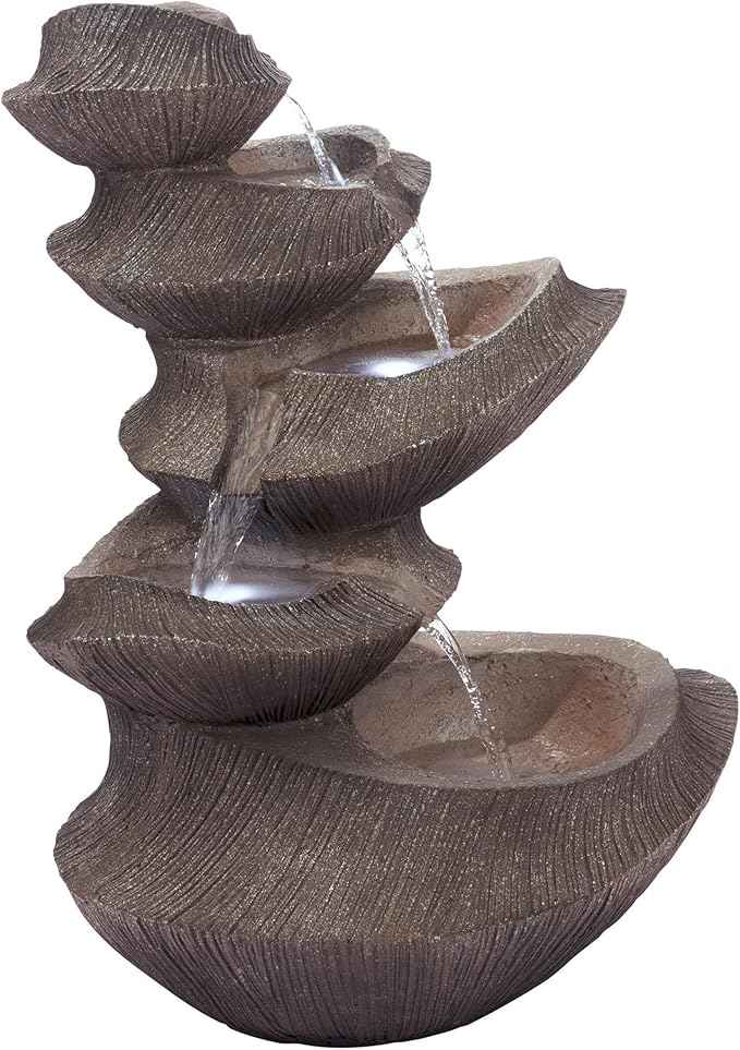 Alpine Corporation WIN1332L-BR Outdoor Floor Tiered Basin Fountain with LED Lights, Modern Basin Garden Fountain 31", Brown