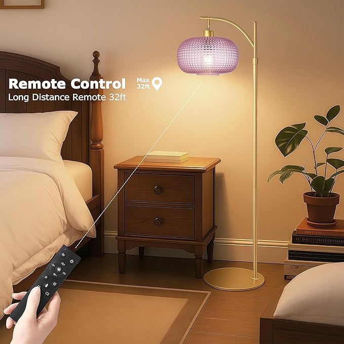 Glass Floor Lamp for Living Room, Modern Tall Standing Lamp with Pink Glass Lamp Shade, Dimmable Gold Tall Floor Lamp for Bedroom Office with Remote Control, 1 x 12W LED Bulbs Included