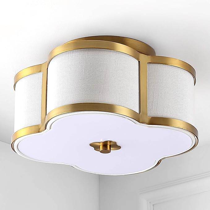 JONATHAN Y 13" Brass Gold Modern Scalloped LED Flush Mount Ceiling Light Fixture, White Linen Shade Quatrefoil Chandelier for Bedroom Living Room Kitchen Hallway Foyer (JYL9507B)