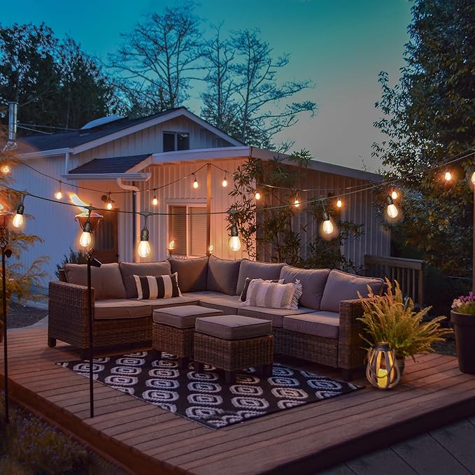 100FT Solar String Lights Outdoor Waterproof with Remote Control Solar Patio Lights 30+2 shatterproof LED E26 S14 Bulbs for Porch Garden Market Bistro Patio Backyard Fence