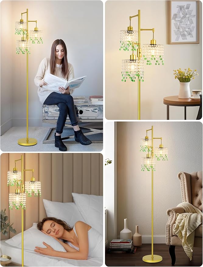 64" Crystal Floor Lamp with 3 Lights, Elegant Crystal Floor Lamp, Modern Standing Lamp, Gold Metal Base, K9 Crystal Beads with Green Accentsfor Living Room, Bedroom, Office