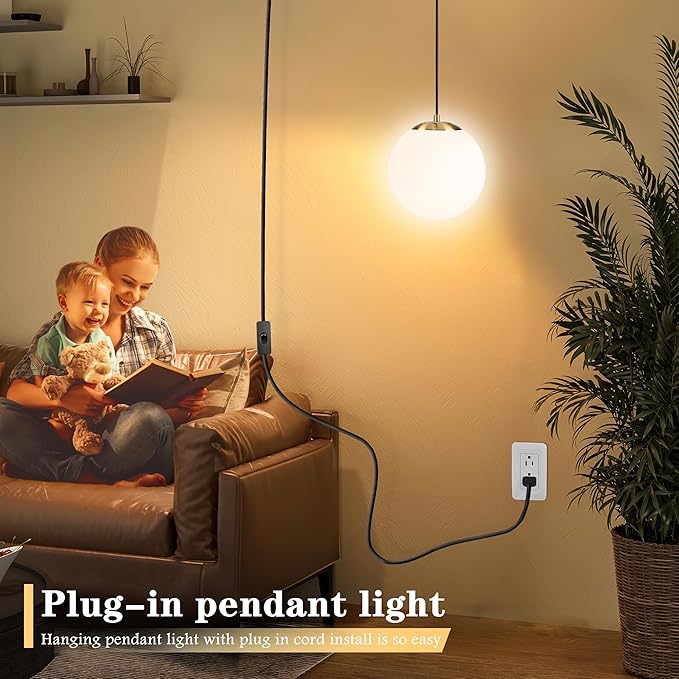 KoKo&Yukina 8" Globe Pendant Light Gold Plug in Pendant Light Adjustable Hanging Lights with Plug in Cord Brushed Gold Finished with Milk Glass Lampshade for Bedroom Kitchen Island(Bulb Included)