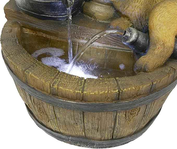 Alpine Corporation GXT986 26" Tall Outdoor Barrel Fountain with Playful Puppies, Cascading Garden Water Feature for Patio, Lawn, or Yard Decor, Brown
