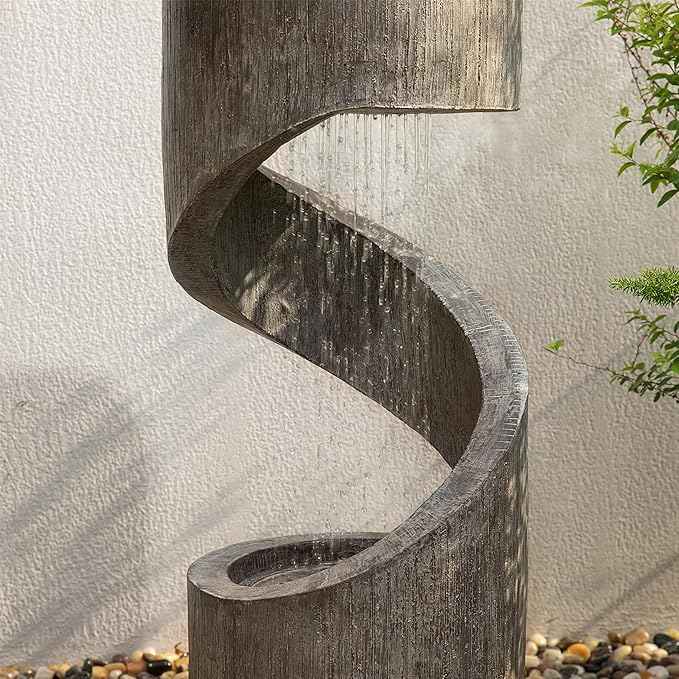 Glitzhome Outdoor Water Fountain with LED Light, Modern Spiral Tiered Outdoor Fountain with Stone Planter, Curved Freestanding Waterfall Fountains for Garden Patio Deck Porch, 40”H
