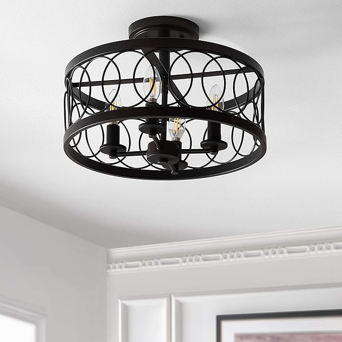 JONATHAN Y 15.5" Oil Rubbed Bronze 4-Light Metal LED Semi-Flush Mount Ceiling Light, Metal Fretwork Shade for Bedroom Entryway Hallway, Traditional Round Dimmable Fixture JYL9040A