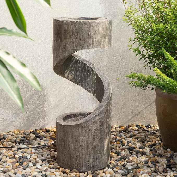 Glitzhome Outdoor Water Fountain with LED Light, Spiral Outdoor Fountain Waterfall with Stone Planter, Modern Curved Freestanding Fountain Water Feature for Garden Patio Backyard, 31.3" H