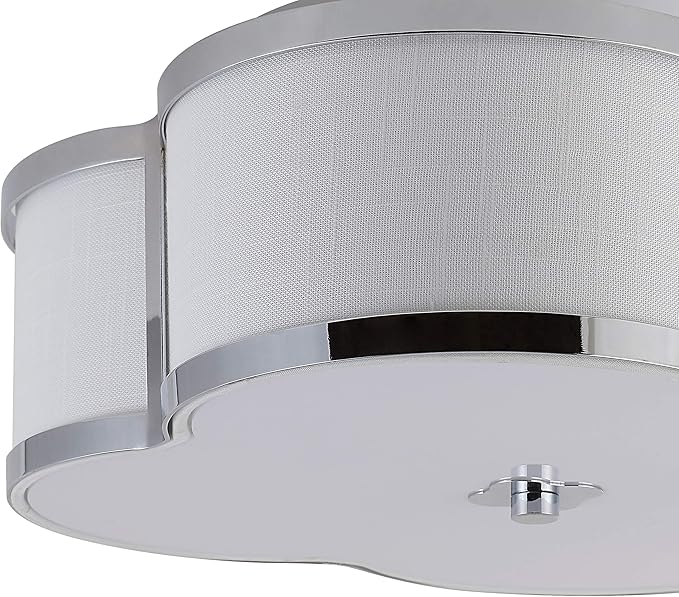 JONATHAN Y 13" Chrome Modern Scalloped LED Flush Mount Ceiling Light Fixture, White Linen Shade Quatrefoil Chandelier for Bedroom Living Room Kitchen Hallway Foyer (JYL9508A)