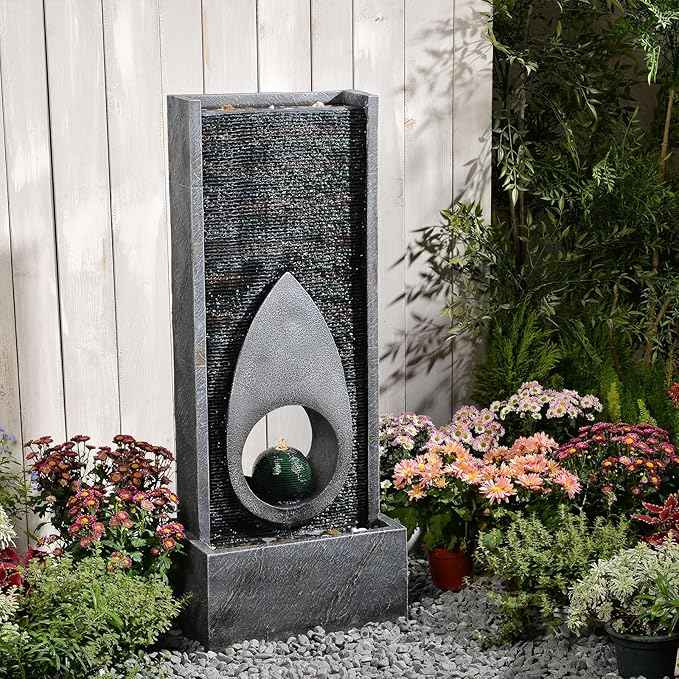 46.5" H Large Indoor Water Fountains - Modern Rectangular with Sphere - Waterfall Fountain for Indoor or Outdoor with LED Lights and Pump for Deck, Patio, Porch, Garden, Yard Decor