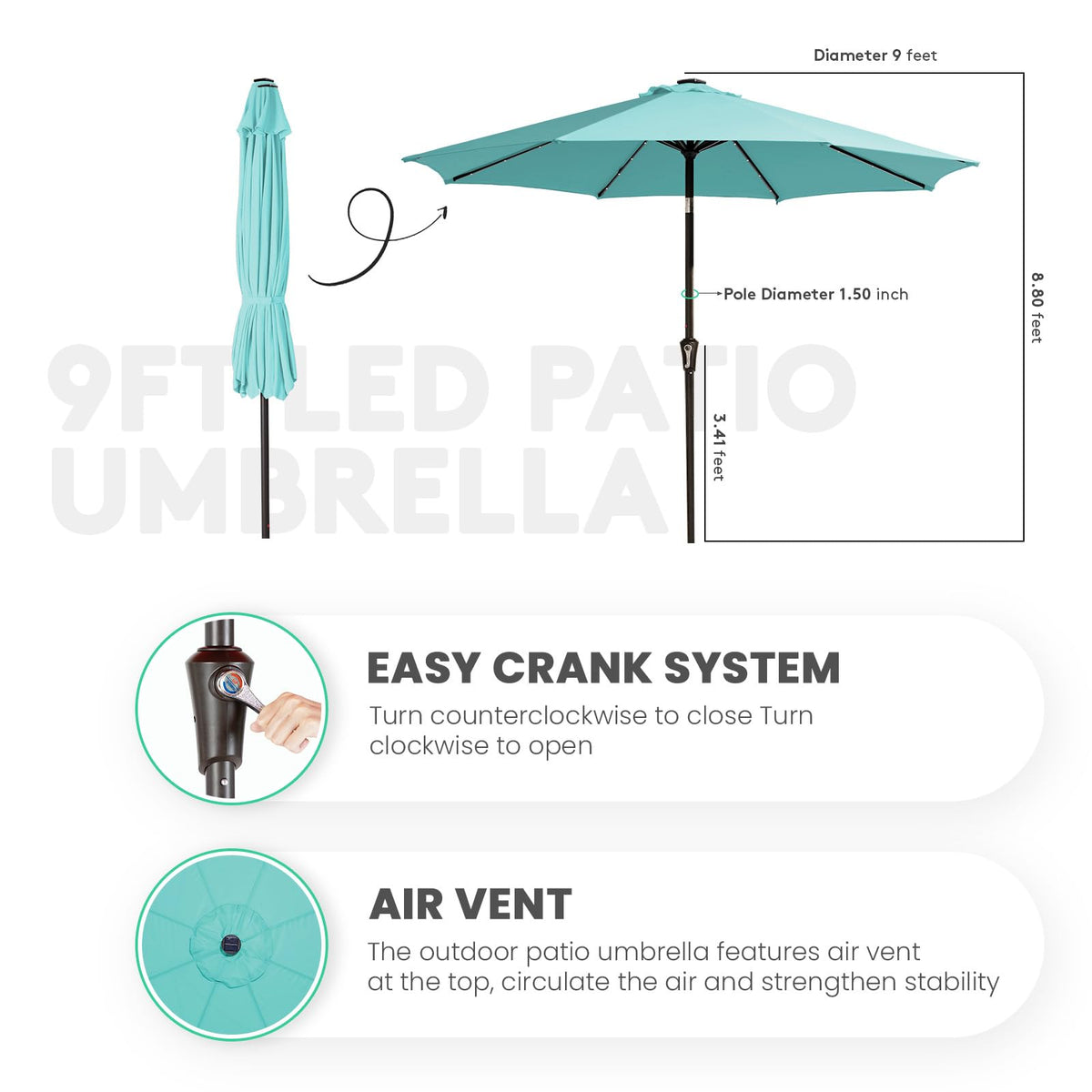 9' Patio Umbrella with Solar Lights (9 ft / Teal)