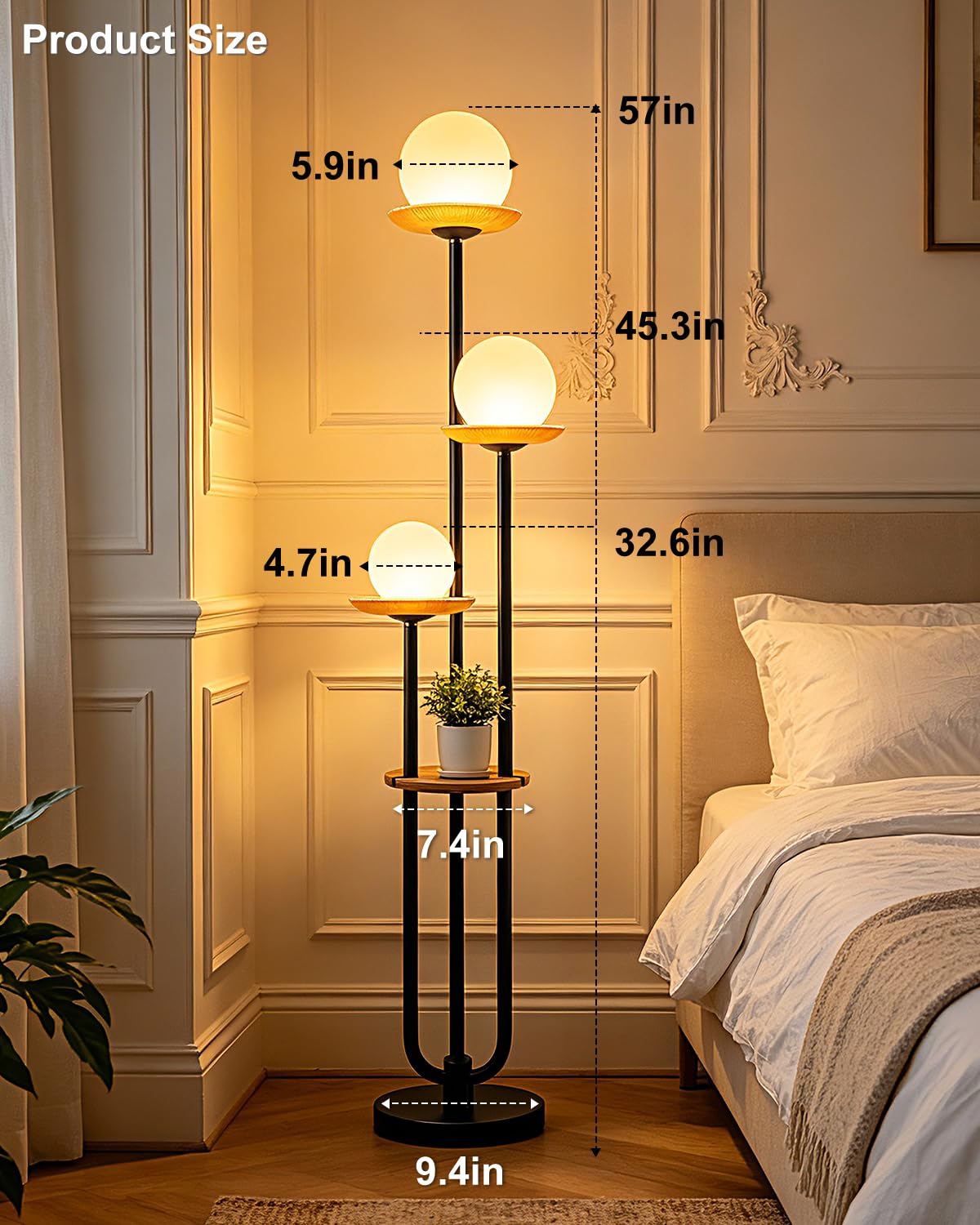 3 Globe Floor Lamp with Amber Glass Tray Black Dimmable Tall Lamp (Brown-3U Black)