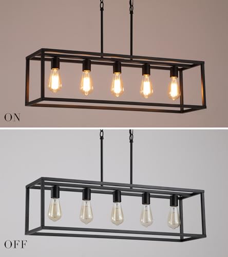 Black Rectangle Kitchen Island Lights Rectangular Modern Industrial Chandelier for Dining Room 5 Lights Linear Vintage Cage Light Fixtures UL Listed (5-Lights)