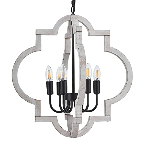 6 Light 21" Farmhouse Orb Chandelier Rustic Handmade Distressed White Wood Hanging Ceiling Pendant Light Fixture Wood Lantern Chandeliers for Dining Room Kitchen Bedroom Foyer Hallway (Textured-White / D21" x H21" 6-Light)