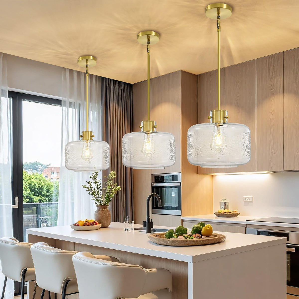 Gold Pendant Lights Kitchen Island with 9.84in Hammered Glass Shade 1Pack (Gold-Hammered Clear Glass)