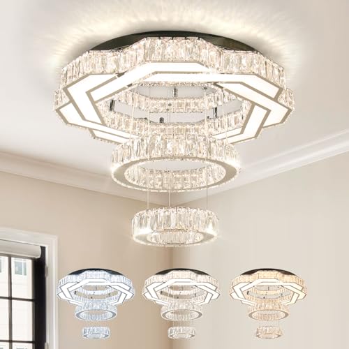 22.4 inches Modern Crystal Chandeliers LED Chandelier Lamp Round Ring Flush Mount Ceiling Light Fixtures for Living Room Bedroom Closet Dining Room Lighting