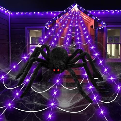 Halloween Decorations 16.4Ft Spider Web with LED Lights & 59" Giant Spider