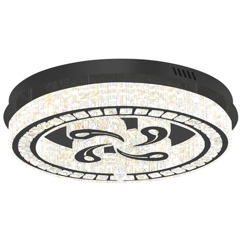 24'' Black Modern Crystal Chandelier LED Dimmable Flush Mount Crystal Ceiling Light for Living Room Bedroom Dining Room (24in Black)