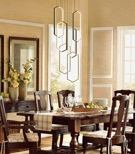 6 Rings Modern Chandelier LED Dimmable Pendant Lighting Adjust Flush Mount Ceiling Light for Foyer Lobby Living Room Staircaes Black (Black / 20in x 9.8in x 78in)