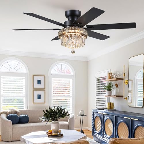 52" Low Profile Crystal Ceiling Fans with LED Lights and Remote (Black-52IN-5019)