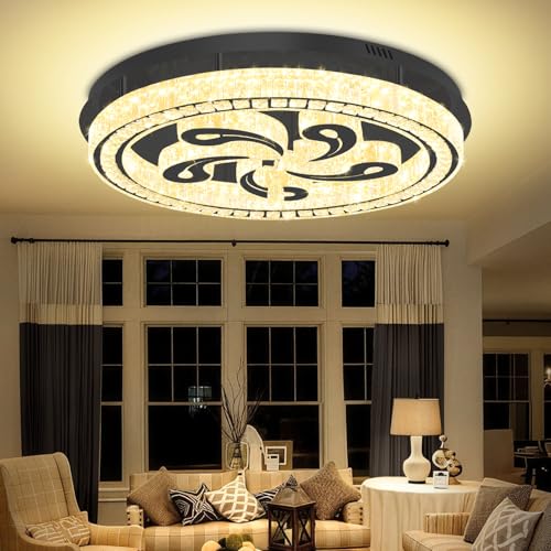 Modern Crystal Chandeliers for Dining Room Flush Mount Ceiling Chandelier for Living Room Dining Room Ring LED Crystal Ceiling Light (32in Black)